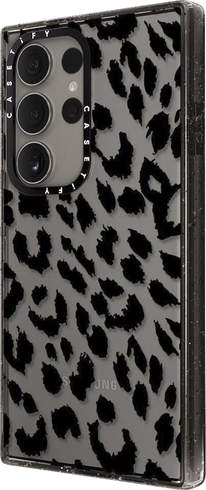 The image features a black and white leopard print case for a cell phone. The case is designed to protect the phone and add a stylish touch to the device. The case is made of a durable material and has a unique pattern that sets it apart from other phone cases.