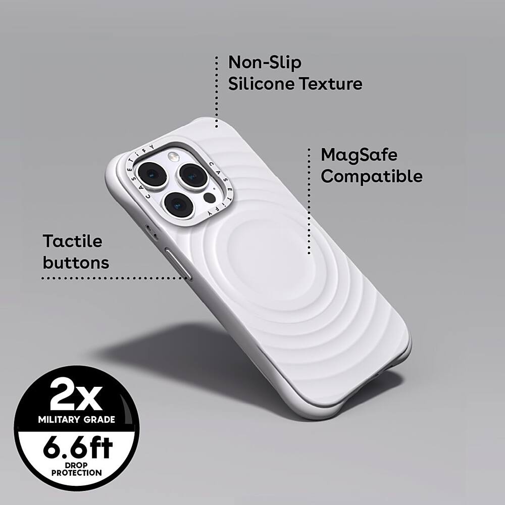 The image features a white cell phone case with a non-slip silicone texture. The case has tactile buttons and is MagSafe compatible. It is a military-grade case with a drop protection of 6.6 feet. The case is designed to provide a secure and comfortable grip on the phone.