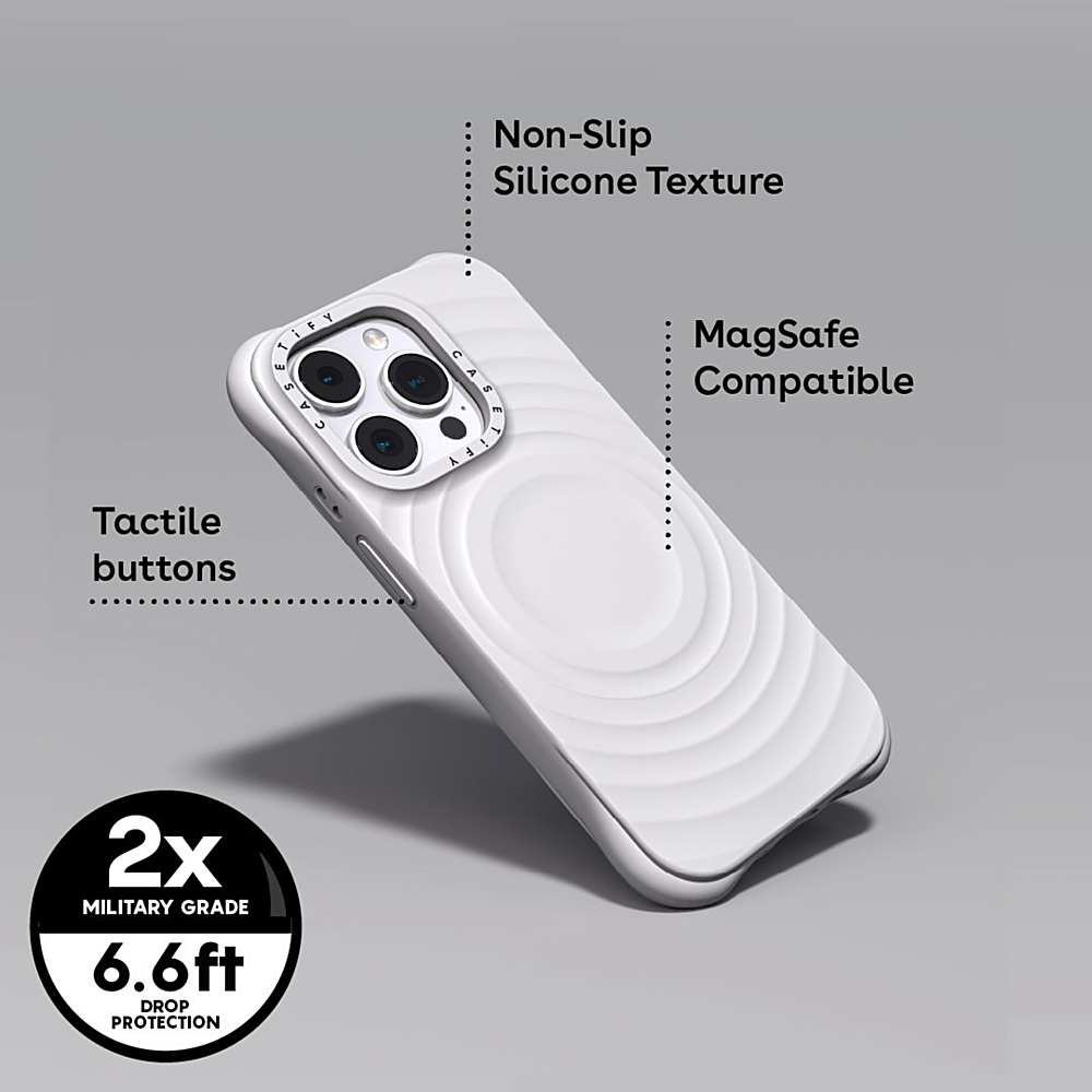 The image features a white cell phone case with a non-slip silicone texture. The case has tactile buttons and is MagSafe compatible. It is a military-grade case with a drop protection of 6.6 feet. The case is designed to provide a secure and comfortable grip on the phone.