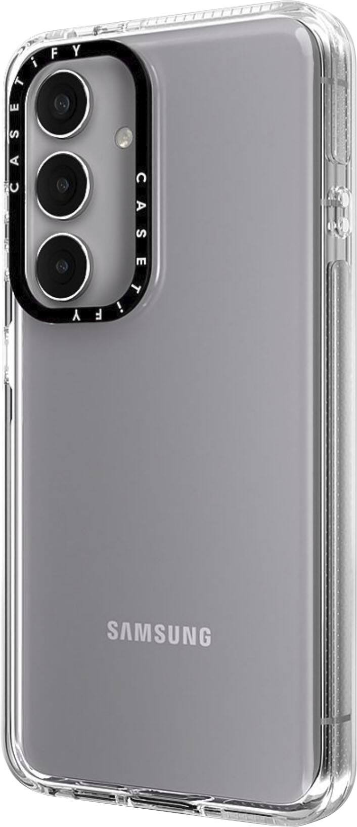The image features a Samsung phone with a clear case on it. The case is designed to protect the phone while still allowing the camera lenses to be visible. The phone is placed on a white background, making it the main focus of the image.