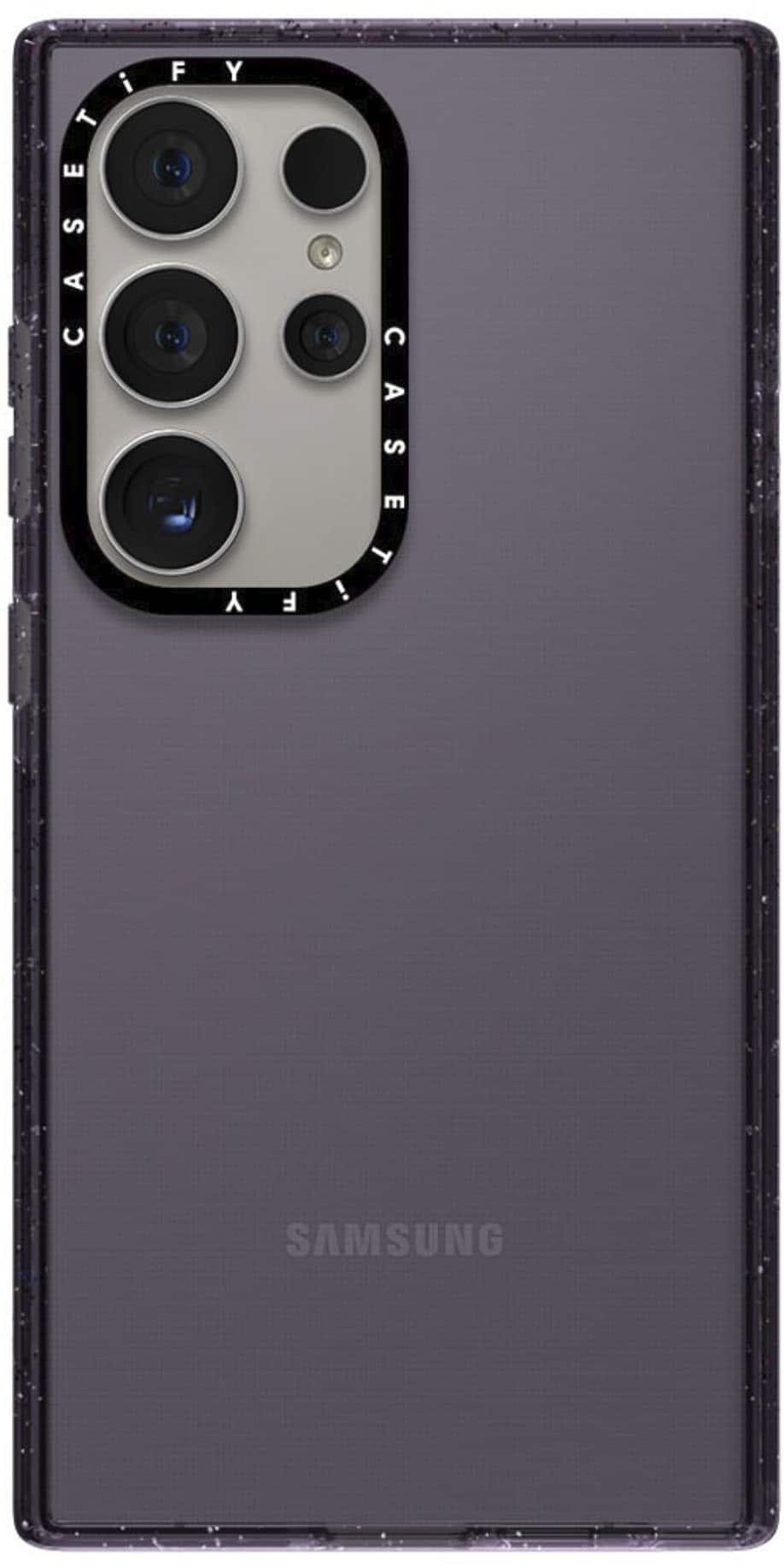 The image features a purple Samsung cell phone with a camera on the back. The phone has a case on it, which is purple in color. The camera is positioned on the top of the phone, and it appears to be a high-quality device. The Samsung logo is visible on the phone, indicating its brand.