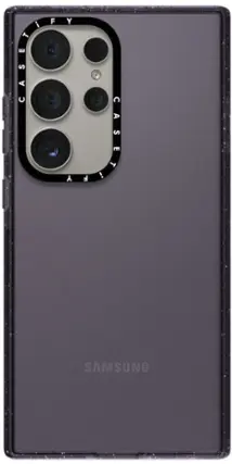 The image features a purple Samsung cell phone with a camera on the back. The phone has a case on it, which is purple in color. The camera is positioned on the top of the phone, and it appears to be a high-quality device. The Samsung logo is visible on the phone, indicating its brand.