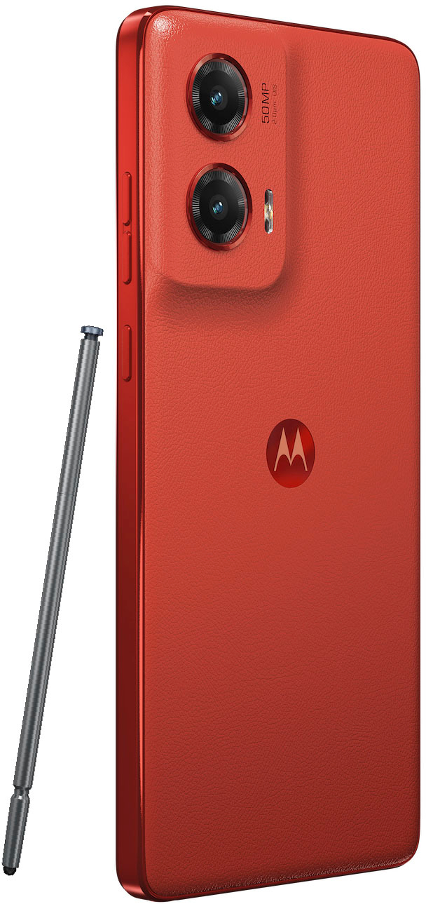 The image shows a red cell phone with a 50MP camera and a 20um lens. The phone is held upright, with the camera facing upwards. The phone is likely a Motorola device, as indicated by the brand name on the side.