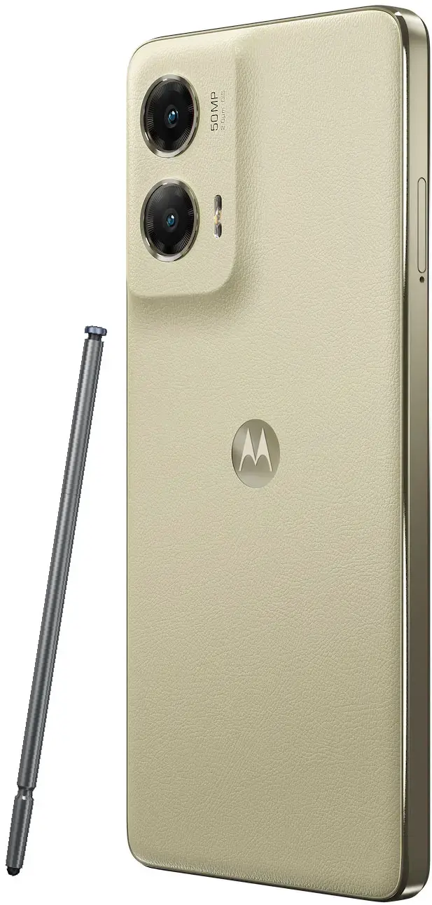 The image features a white cell phone with a leather case and a stylus. The phone has a 50MP camera and a dual lens setup. The stylus is placed next to the phone, ready for use. The overall appearance of the phone and its accessories suggests a high-quality and functional device.