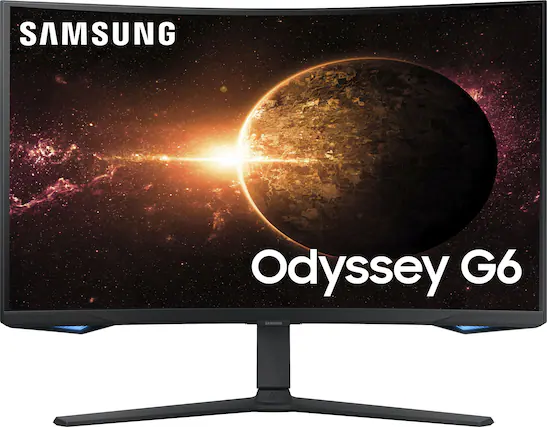 The image features a Samsung Odyssey G6 monitor, which is a large, curved display with a vibrant purple background. The monitor is prominently displayed, and the Samsung logo is visible on the top left corner of the screen. The image showcases the impressive size and quality of the monitor, making it an attractive choice for users who seek a high-quality, immersive display experience.