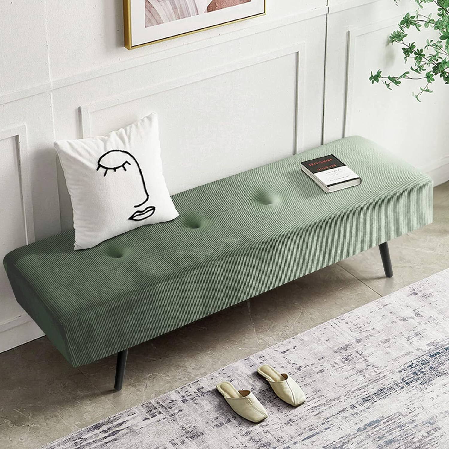 Back. Hivvago - Mid-Century Corduroy Upholstered End of Bed Bench with Metal Legs - Green.