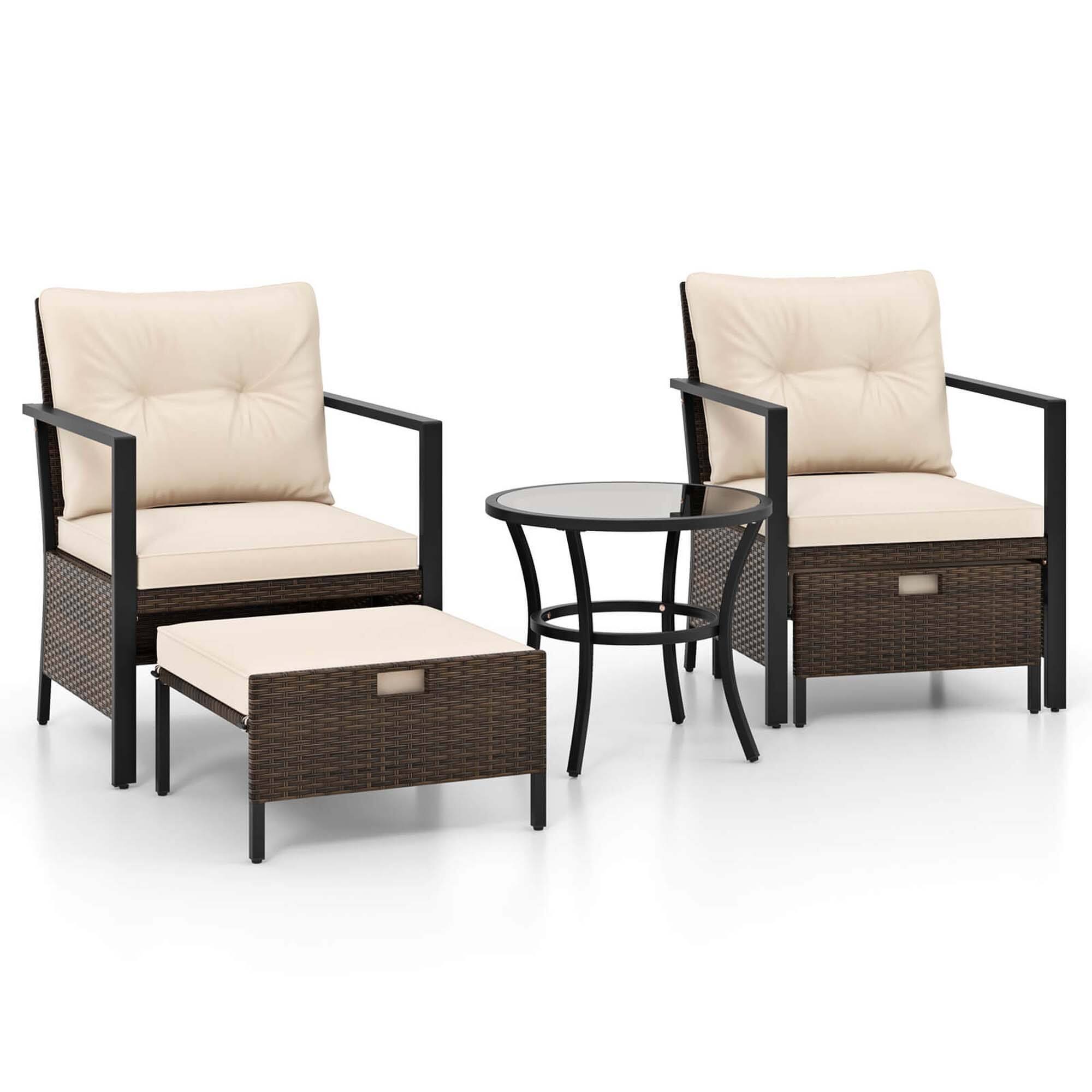 Alt View 3. Gymax - Gymax Set of 5 Furniture Set Rattan Chairs & Ottomans w/ Glass Topped Coffee Table Patio Off White - White.