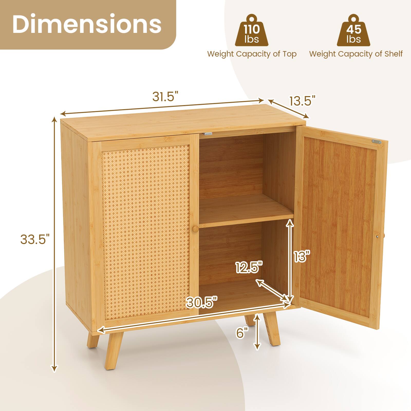 Dimensions  
- 31.5"  
- 13.5"  
- 33.5"  
- 12.5"  
- 13"  
- 30.5"  
- 6"  

Weight Capacity of Top: 110 lbs  
Weight Capacity of Shelf: 45 lbs
