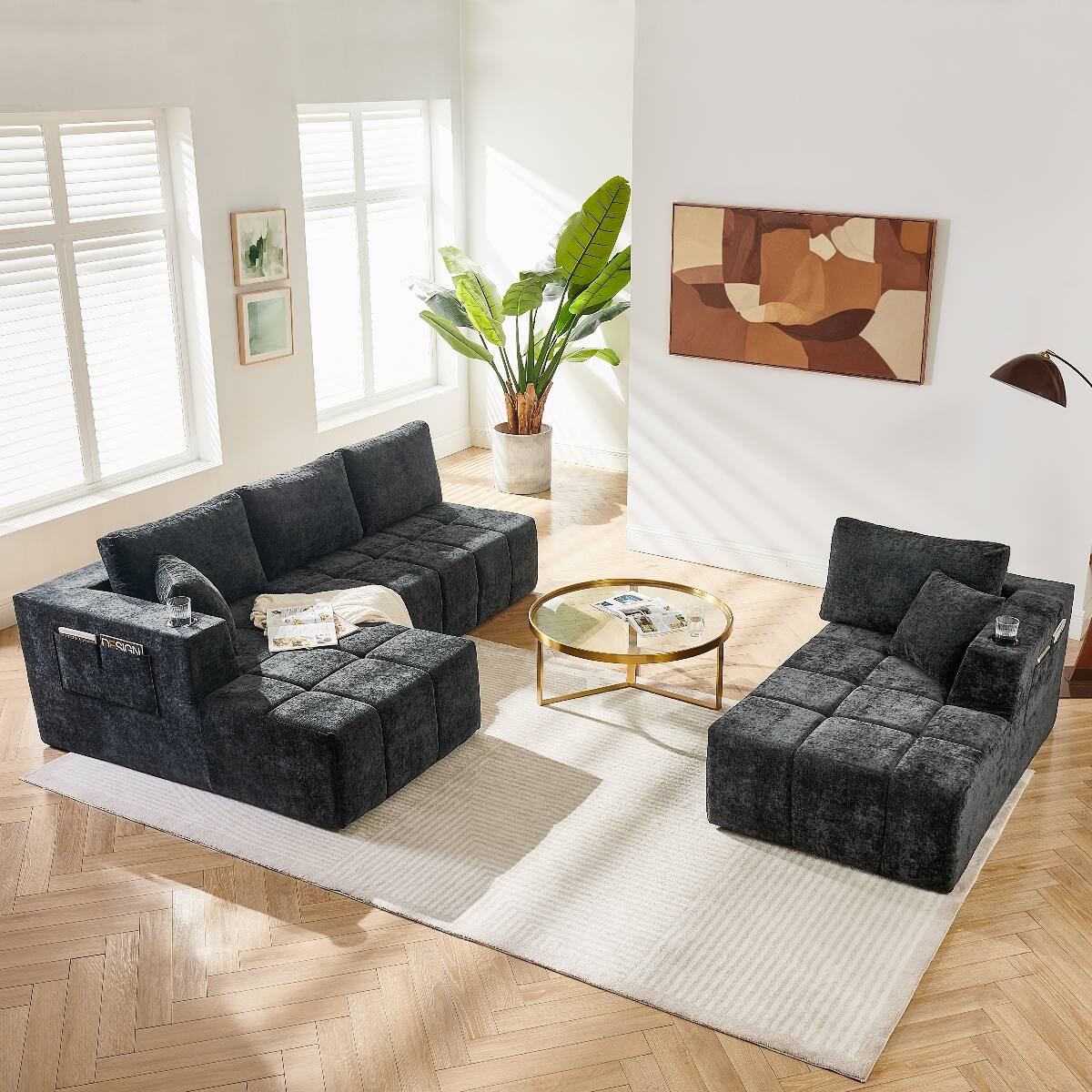 Alt View 1. Ropilly - Ropilly U Shaped Chenille Sectional Sofa, Cloud Style Upholstered Couch, Black Modular Sectional Couch - Black.