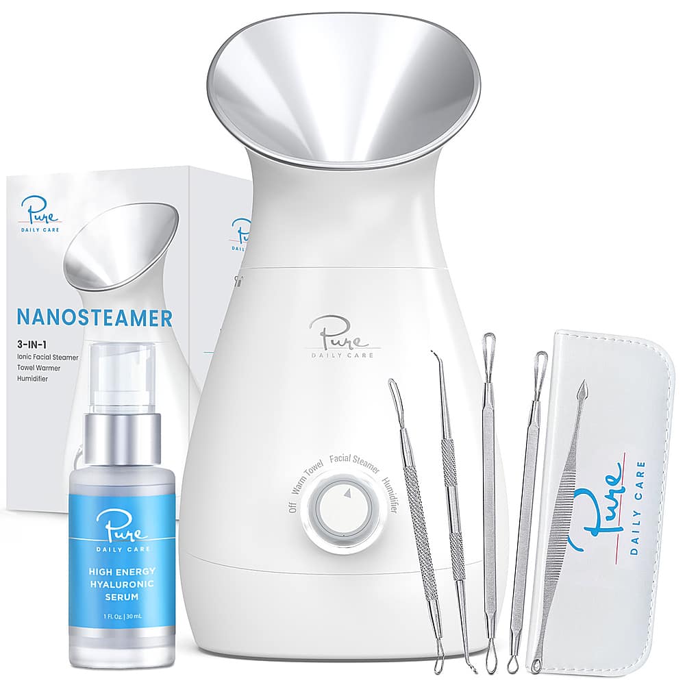 Angle. Pure Daily Care - Nano Ionic Facial Steamer with 5 Piece Skin Kit and Hyaluronic Serum - Silver.