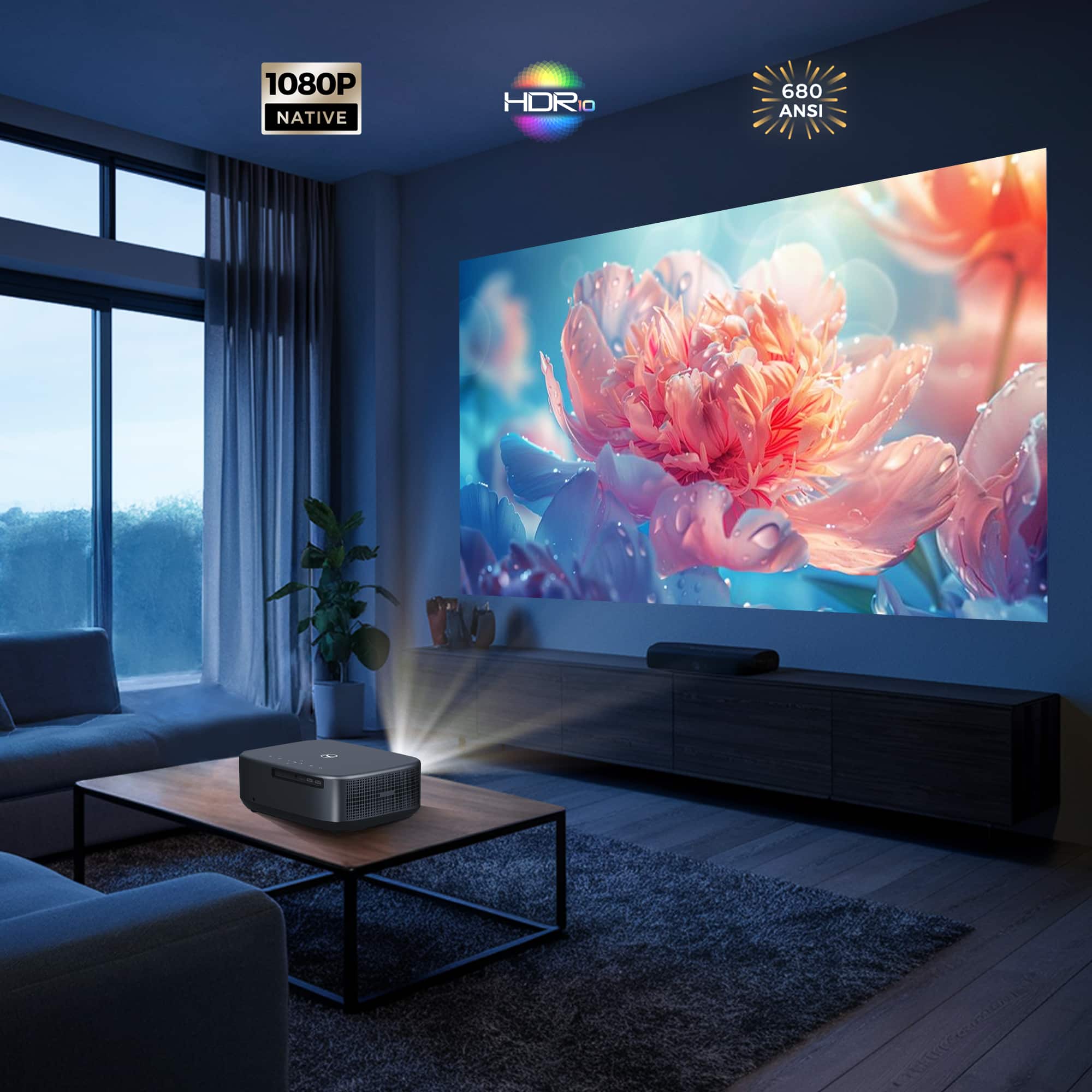 The text on the image reads "1080P NATIVE HDRIo 680 ANSI."