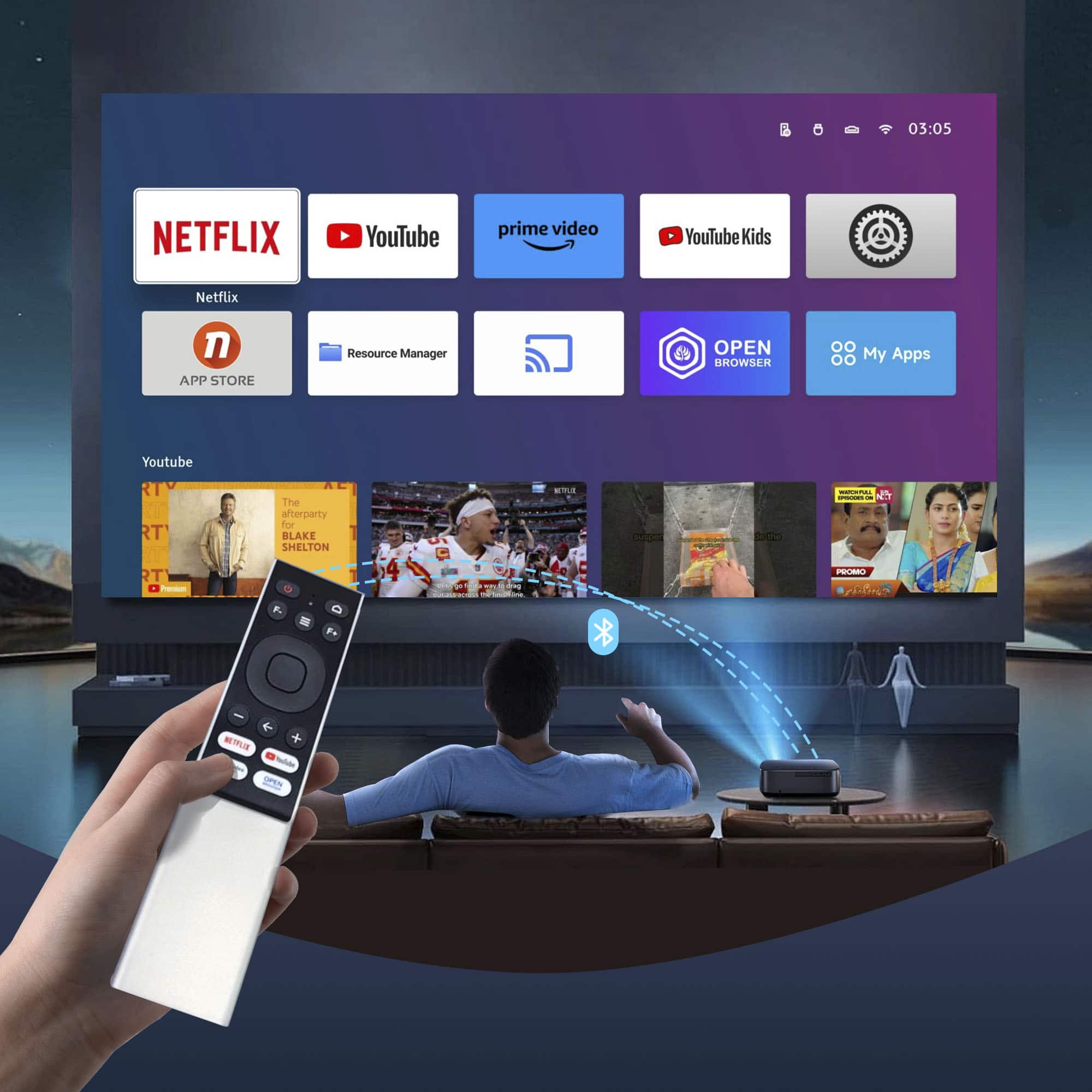 The text on the image reads:
03:05 NETFLIX YouTube prime video YouTube Kids Netflix APP STORE Resource Manager OPEN BROWSER 0 0. My Apps Youtube RT IT The afterparty for BLAKE SHELTON F. la F. m SUC E - A PRUBO < NETFLIX - -S