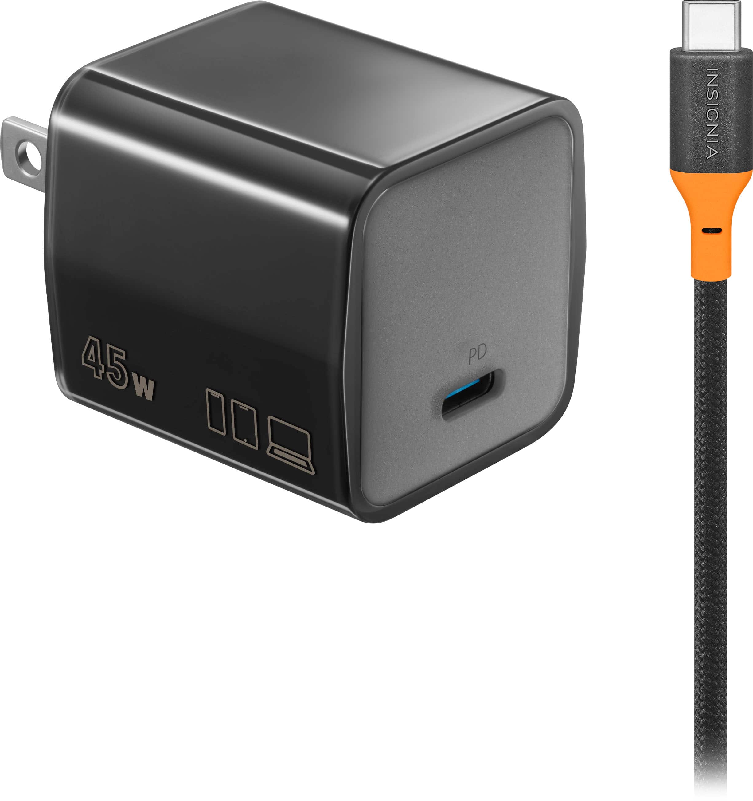 Representative product-family photo: Insignia™ - 45W Compact Wall Charging Kit with 240W Cable for USB-C Smartphones, Tablets and More - Dark Gray. Pictured option and availability are unverified.