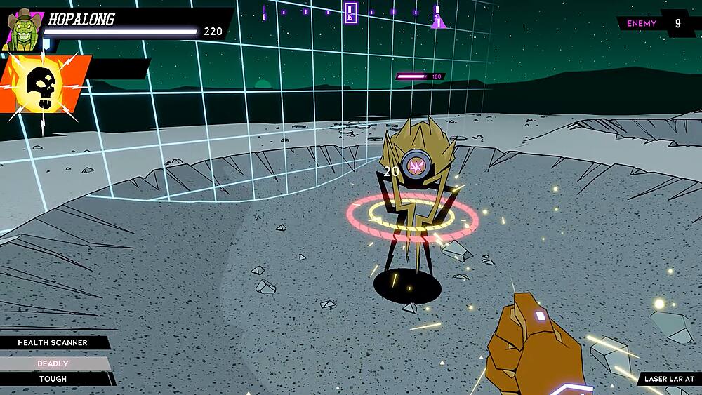 Hopalong 220 is the enemy with a health of 20. The scanner is deadly and tough, and it has a laser and a lariat.