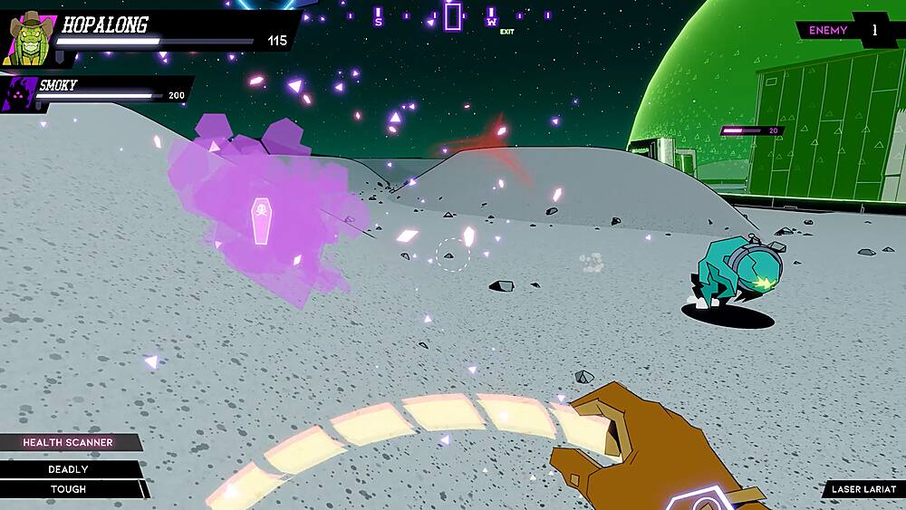 Hopalong 115 is the name of the game displayed on the screen. The game features an enemy called Smoky, who has a health of 200 and is equipped with a deadly tough laser and a lariat. The game also includes a scanner, which is likely used to gather information or detect enemies.