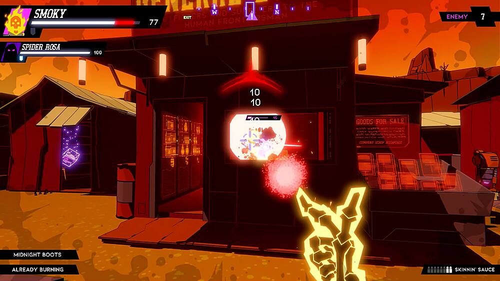 The text on the image is grouped and corrected as follows:

1. "SMOKY 12P0O 1 W I SU  I 6TFI EXIT RS RSMAN 77 HUMAN FRONT ENEMY 7 SPIDER ROSA 100 10 10 7 15 GOODS FOR SALE wnnn WATTR Aras TIPPIY UPEN ANTI ATEN DTIMAMENT HIVAR R MIDNIGHT BOOTS ALREADY BURNING SKINNIN' SAUCE"

This text appears to be a combination of various phrases and sentences, possibly related to a video game or a fictional story.