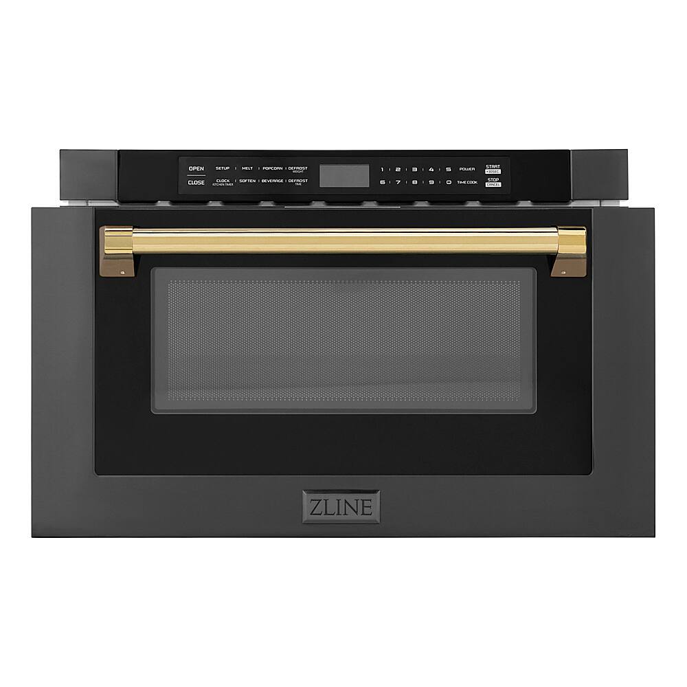 Angle. ZLINE - Autograph Edition 24 in.  Built-in Microwave Drawer in Black Stainless Steel and Gold Accents.
