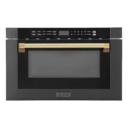 Front. ZLINE - Autograph Edition 24 in. Built-in Microwave Drawer in Black Stainless Steel and Gold Accents.