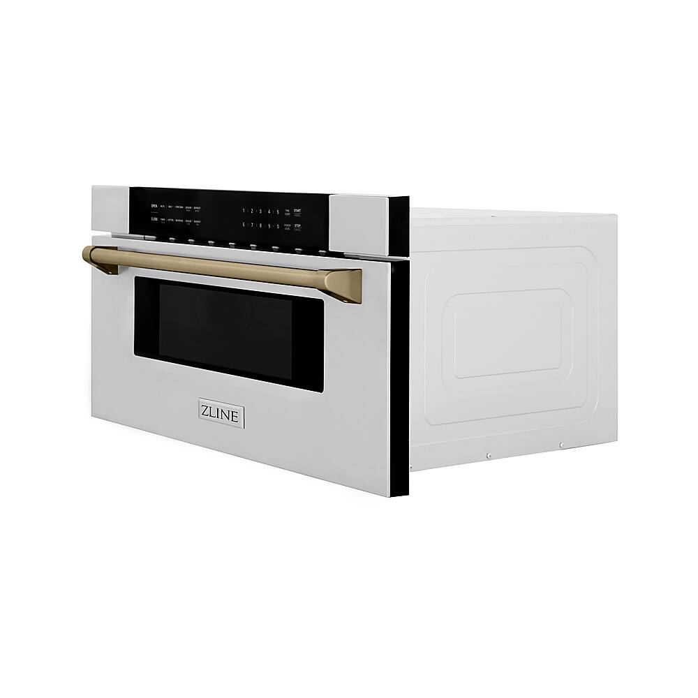 Left. ZLINE - 30" 1.2 cu. ft. Built-In Microwave Drawer in Stainless Steel with Champagne Bronze Accents.