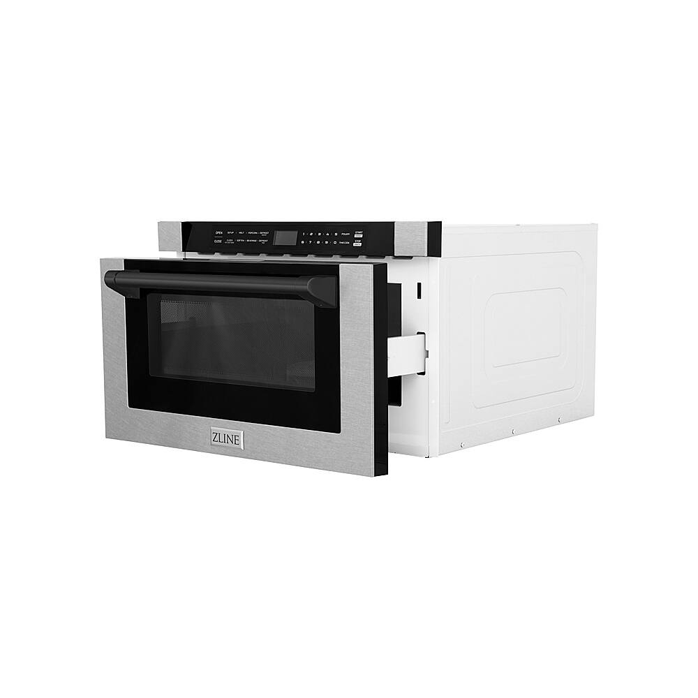 Left. ZLINE - Autograph Edition 24" 1.2 cu. ft. Built-in Microwave Drawer in Resistant Stainless Steel and Matte Black Accents.