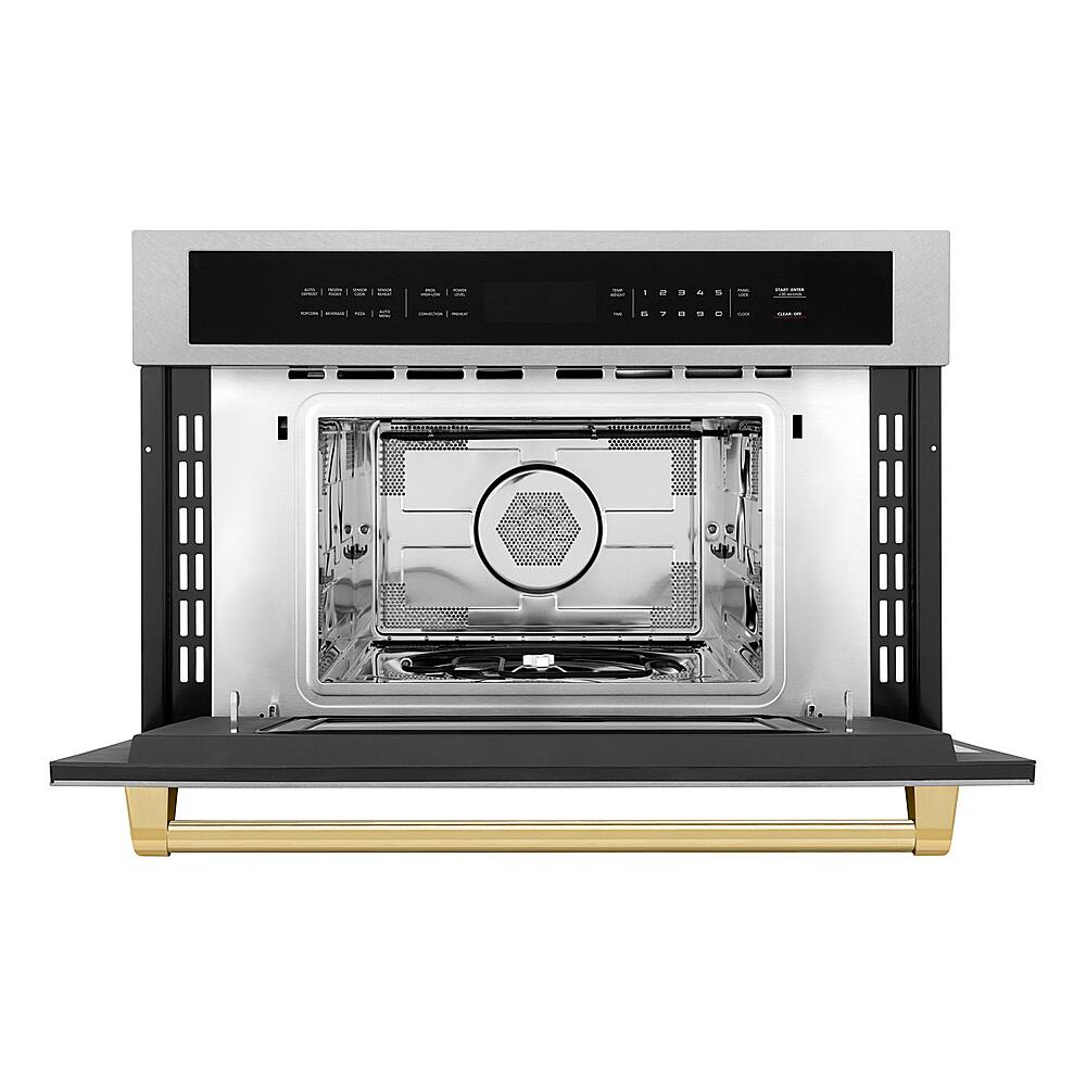 Angle. ZLINE - Autograph 30" 1.6 cu ft. Built-in Convection Microwave Oven in Stainless Steel and Polished Gold Accents.