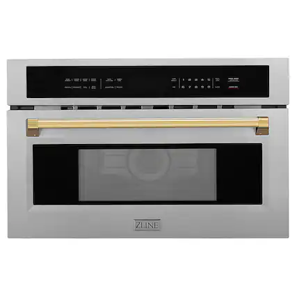 Front. ZLINE - Autograph 30" 1.6 cu ft. Built-in Convection Microwave Oven in Stainless Steel and Polished Gold Accents.