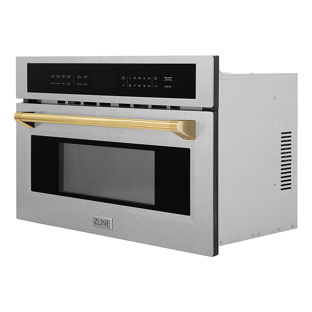 Left. ZLINE - Autograph 30" 1.6 cu ft. Built-in Convection Microwave Oven in Stainless Steel and Polished Gold Accents.