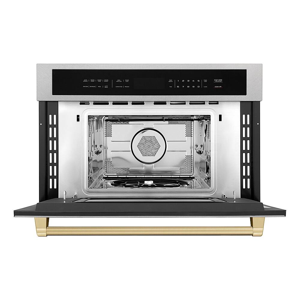 Angle. ZLINE - ZLINE Autograph 30 in. Convection Microwave Oven in Satin Steel and Champagne Bronze Accents - Stainless steel.