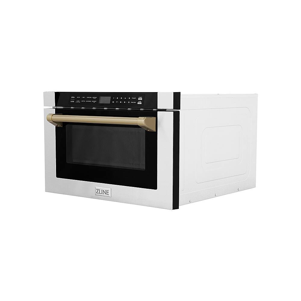 Angle. ZLINE - Autograph Edition 24" 1.2 cu. ft. Built-in Microwave Drawer in Stainless Steel and Champagne Bronze Accents.
