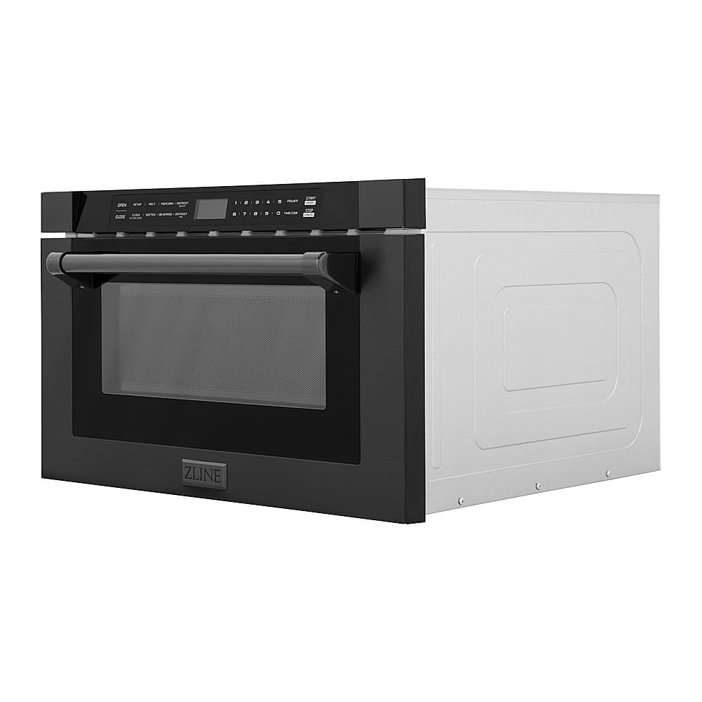 Left. ZLINE - 24 in. Built-in Microwave Drawer with a Traditional Handle in Black Stainless Steel.