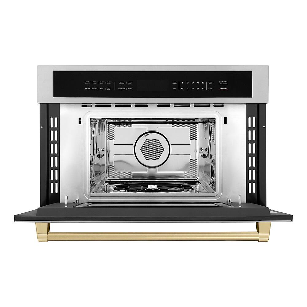 Angle. ZLINE - Autograph Edition 30" 1.6 cu ft. Built-in Convection Microwave Oven in Stainless Steel and Champagne Bronze Accents.