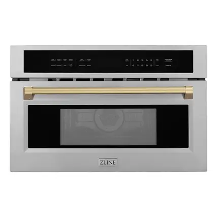 Front. ZLINE - Autograph Edition 30" 1.6 cu ft. Built-in Convection Microwave Oven in Stainless Steel and Champagne Bronze Accents.