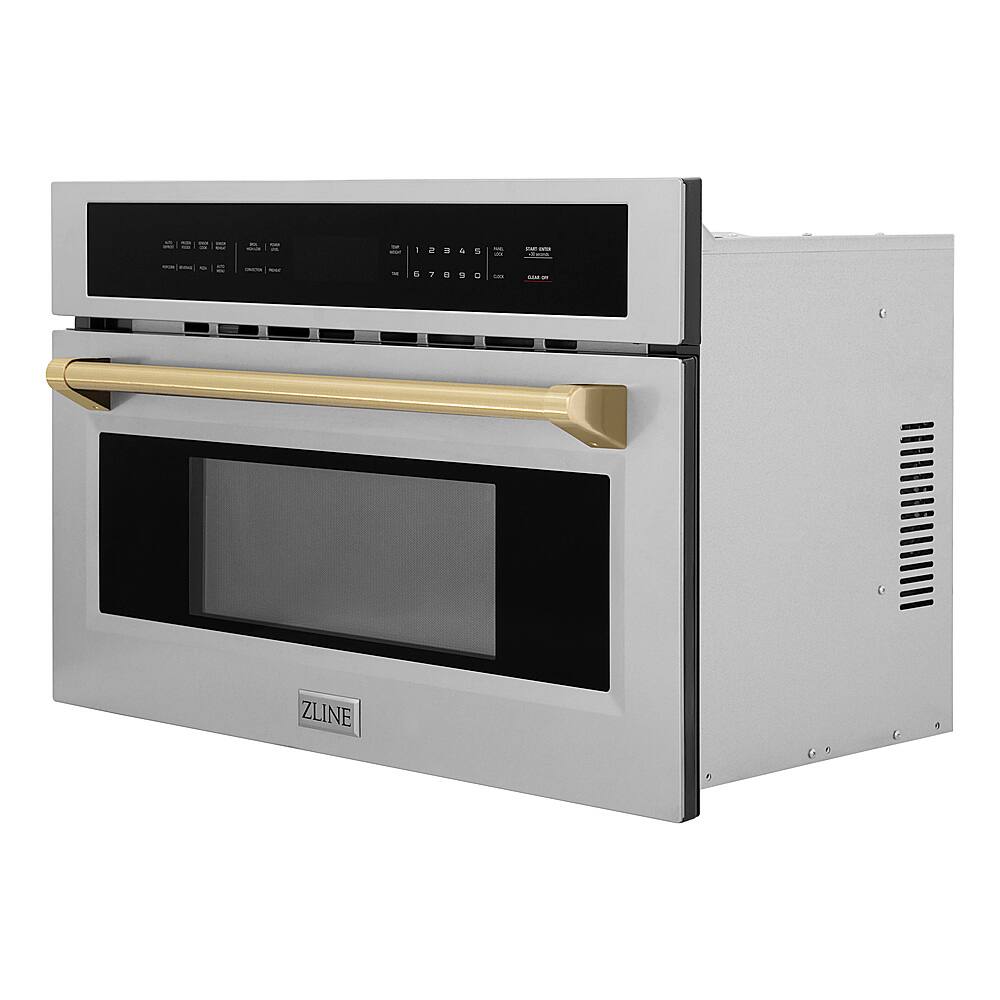 Left. ZLINE - Autograph Edition 30" 1.6 cu ft. Built-in Convection Microwave Oven in Stainless Steel and Champagne Bronze Accents.