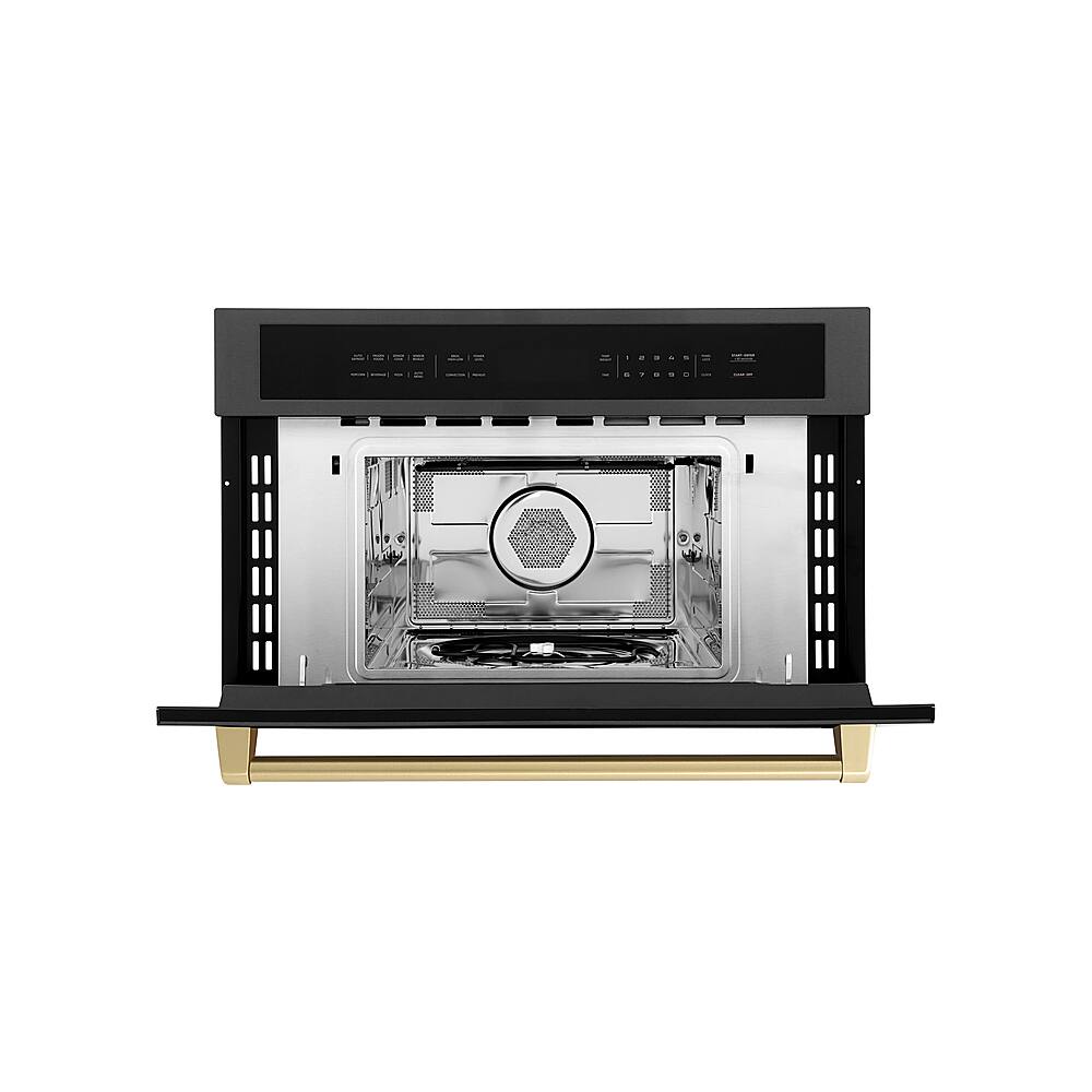Angle. ZLINE - Autograph 30" 1.6 cu ft. Built-in Convection Microwave Oven in Black Stainless Steel and Champagne Bronze Accents.