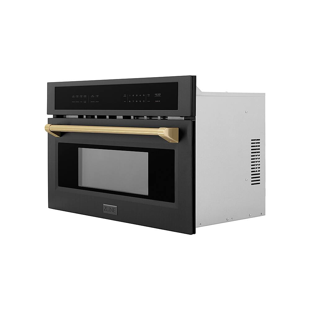Left. ZLINE - Autograph 30" 1.6 cu ft. Built-in Convection Microwave Oven in Black Stainless Steel and Champagne Bronze Accents.