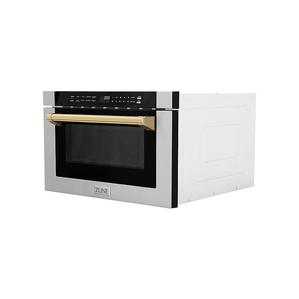 Angle. ZLINE - Autograph Edition 24" 1.2 cu. ft. Built-in Microwave Drawer in Stainless Steel and Gold Accents.