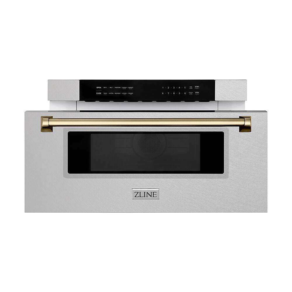 Angle. ZLINE - Autograph Edition 30" 1.2 cu. ft. Built-In Microwave Drawer in Stainless Steel with Champagne Bronze Accents.