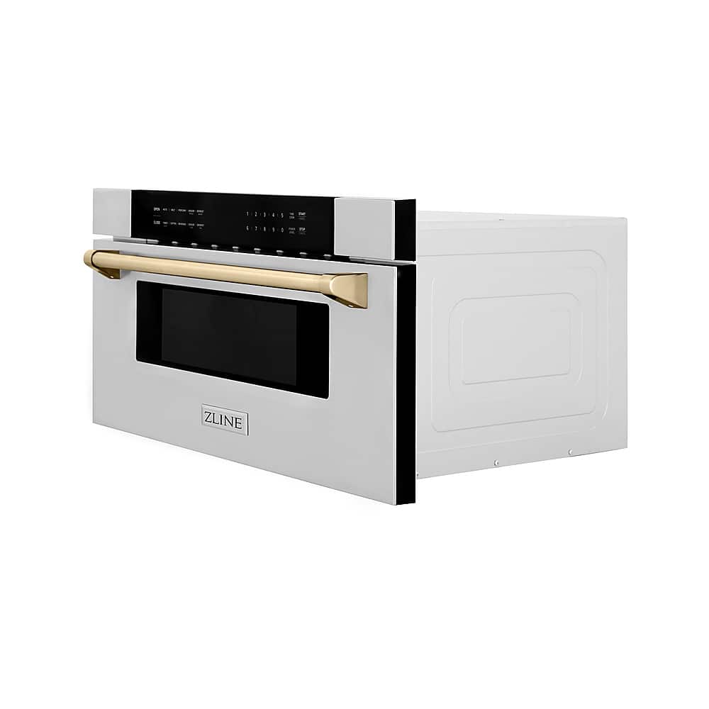 Left. ZLINE - 30" 1.2 cu. ft. Built-In Microwave Drawer in Stainless Steel with Gold Accents.