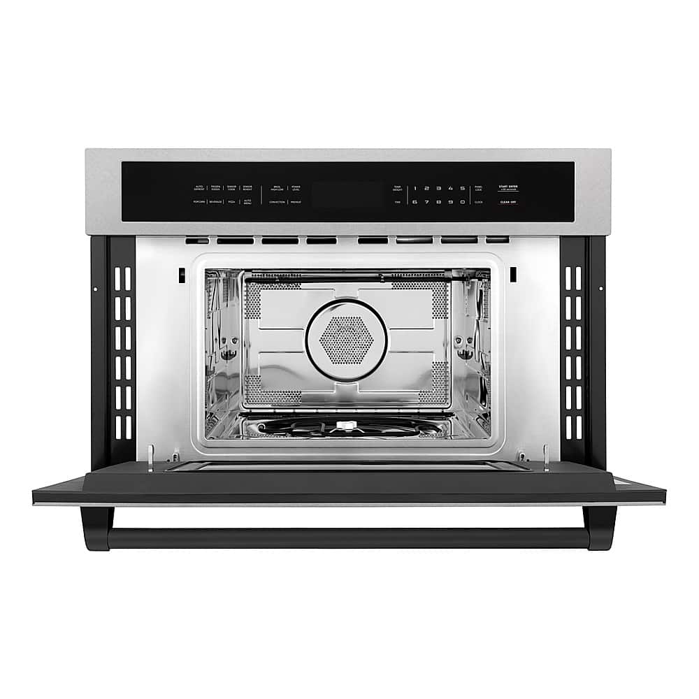 Angle. ZLINE - Autograph 30" 1.6 cu ft. Built-in Convection Microwave Oven in Fingerprint Resistant Stainless and Matte Black Accents.
