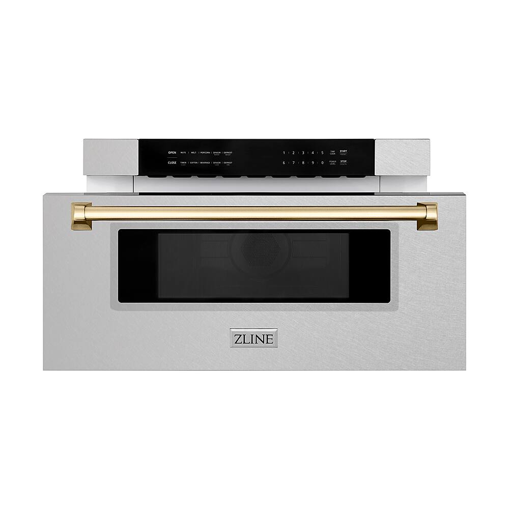Angle. ZLINE - Autograph Edition 30" 1.2 cu. ft. Built-In Microwave Drawer in Stainless Steel with Gold Accents.