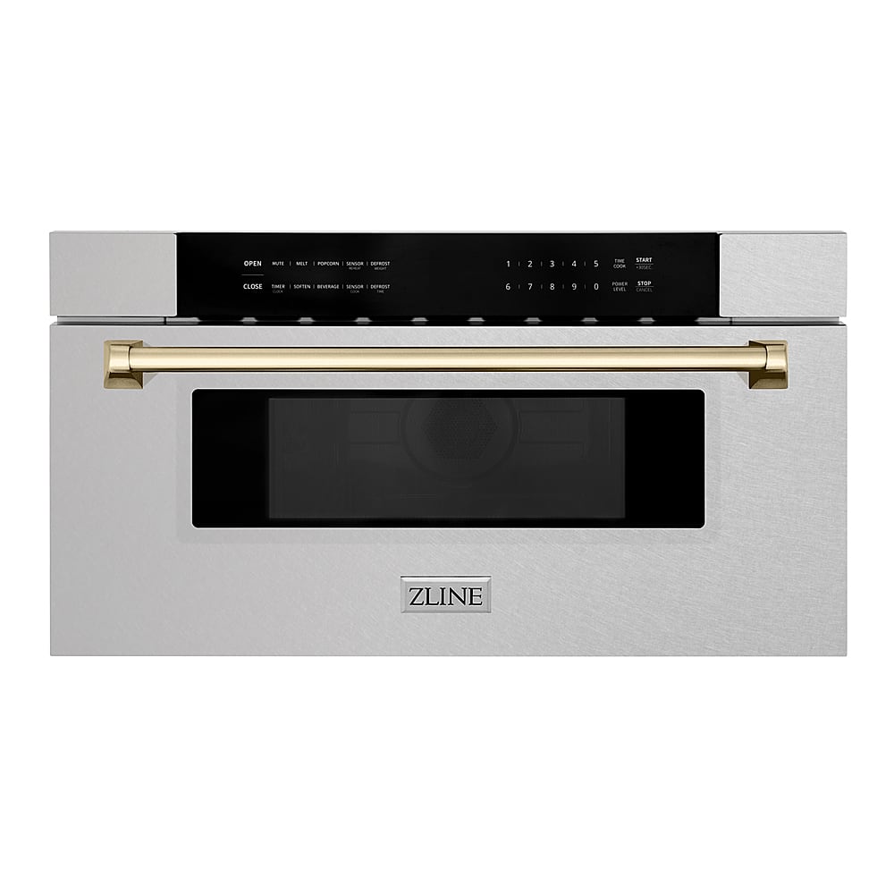 ZLINE - Autograph 30 in. Built-In Microwave Drawer in Satin Steel with Polished Gold Accents - Stainless Steel and Gold Accents - Front_Zoom