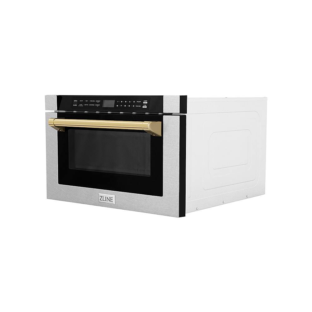 Angle. ZLINE - Autograph Edition 24" 1.2 cu. ft. Built-in Microwave Drawer in Fingerprint Resistant Stainless Steel and Gold Accents.