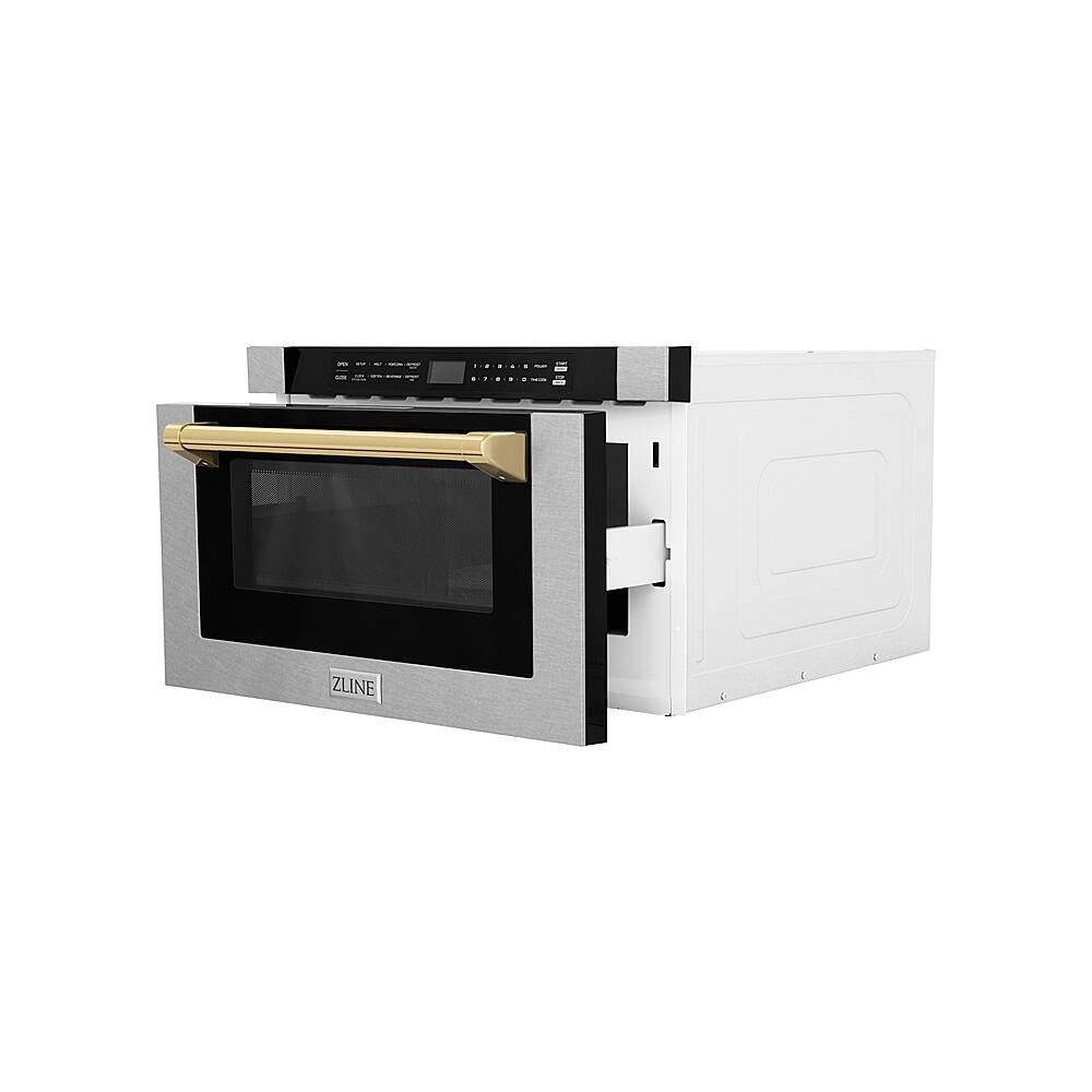 Left. ZLINE - Autograph Edition 24" 1.2 cu. ft. Built-in Microwave Drawer in Fingerprint Resistant Stainless Steel and Gold Accents.