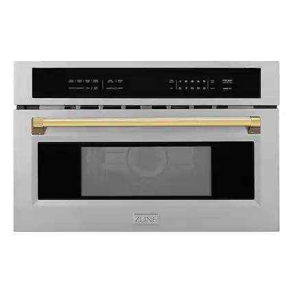 Front. ZLINE - Autograph Edition 30" 1.6 cu ft. Built-in Convection Microwave Oven in Stainless Steel and Polished Gold Accents.