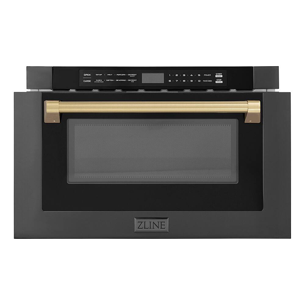 Angle. ZLINE - Autograph Edition 24 in. Built-in Microwave Drawer in Black Stainless Steel and Champagne Bronze Accents.