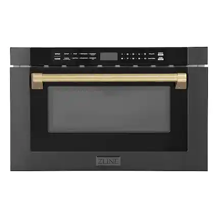 Front. ZLINE - Autograph Edition 24 in. Built-in Microwave Drawer in Black Stainless Steel and Champagne Bronze Accents.