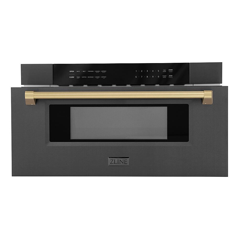 Angle. ZLINE - Autograph Edition 30 in. Built-in Microwave Drawer in Black Stainless Steel and Champagne Bronze Accents.
