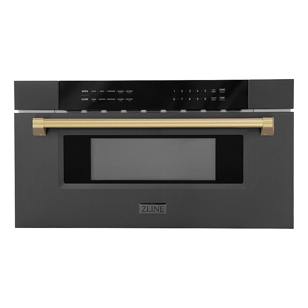 Front. ZLINE - Autograph Edition 30 in. Built-in Microwave Drawer in Black Stainless Steel and Champagne Bronze Accents.