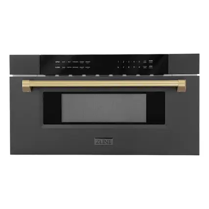 Front. ZLINE - Autograph Edition 30 in. Built-in Microwave Drawer in Black Stainless Steel and Champagne Bronze Accents.