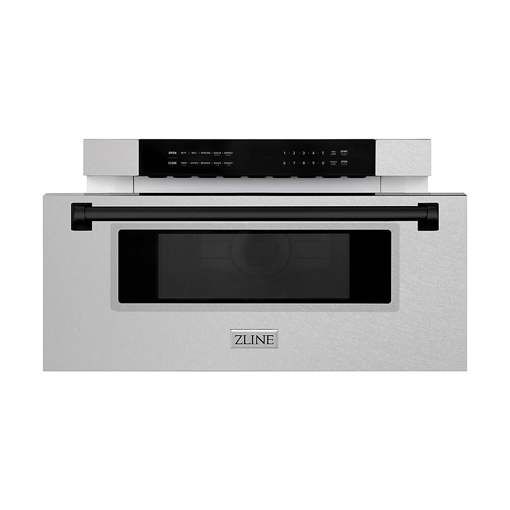 Angle. ZLINE - Autograph Edition 30" 1.2 cu. ft. Built-In Microwave Drawer in Stainless Steel with Matte Black Accents.